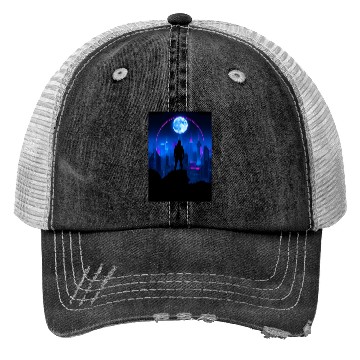 Discover Neon Futuristic Skyline with Glowing Moon Trucker Hats