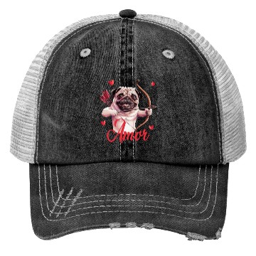 Discover Amor Cupid Pug with Bow and Hearts Trucker Hats
