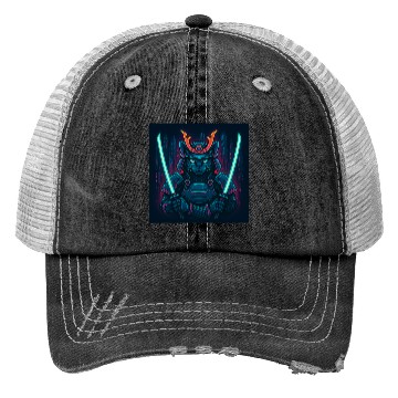 Discover A futuristic samurai cat in neon armor with glo Trucker Hats