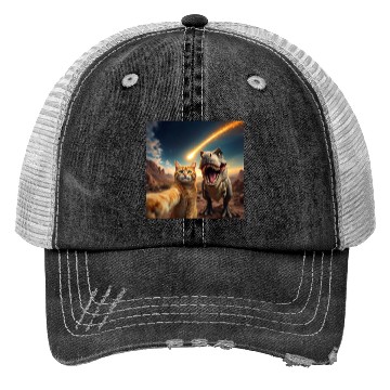 Discover Cat and Dinosaur Meteor Selfie Meme Funny Trucker Hats