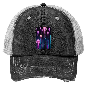 Discover Neon Jellyfish Over Cyber City Trucker Hats