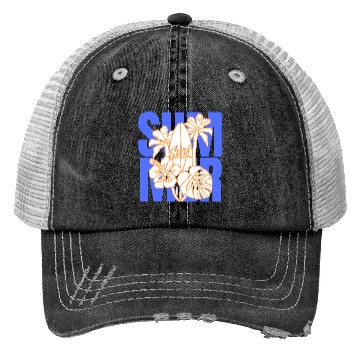 Discover Summer Surfboard & Palm Tree Tropical Design Trucker Hats