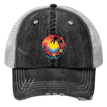 Discover Tropical Sunset Paradise with Hibiscus and Palm Trucker Hats