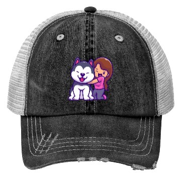 Discover Cute Girl Hugging Playful Husky Design Trucker Hats