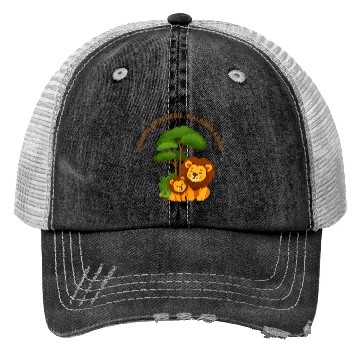 Discover Joyful Lion and Cub Under Green Tree Trucker Hats