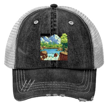 Discover Serene Mountain River Landscape Trucker Hats