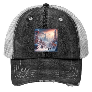 Discover Futuristic Snowy Cityscape with Floating Balloons Trucker Hats