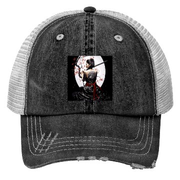 Discover Samurai Serenity: Woman with Sword Under Cherry Trucker Hats