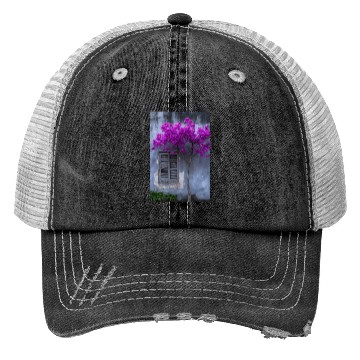 Discover Vibrant Blossom Against Rustic Wall Trucker Hats