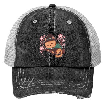Discover Whimsical Wizard Cat in Blooming Cherry Tree Trucker Hats