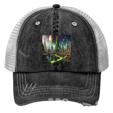 Discover Alien World / Futuristic Sci-Fi Cityscape Trucker Hats