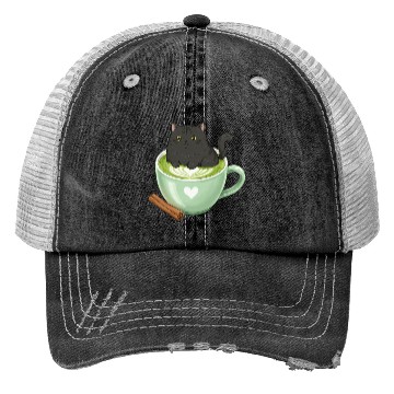 Discover Charming Cat in Green Matcha Cup Trucker Hats