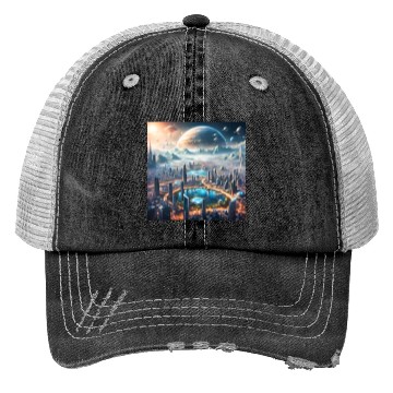 Discover Futuristic Cityscape with Alien Planets Sci-Fi Trucker Hats
