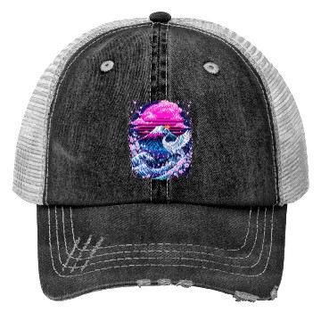 Discover Neon Sakura Crane & Mount Fuji Scene Trucker Hats