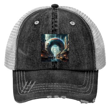 Discover Future Portal In Alien City with Circular Gateway Trucker Hats