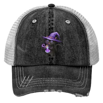 Discover Enchanting Black Cat Witch Illustration Trucker Hats
