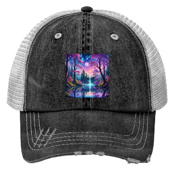 Discover Fantasy Landscape with Waterfall and Moon Trucker Hats