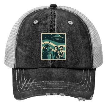 Discover Retro Sci-Fi Alien Encounter Design Trucker Hats