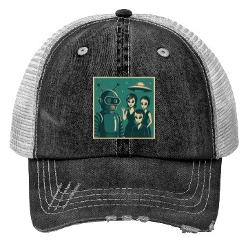 Discover Retro Sci-Fi Alien Encounter Design Trucker Hats