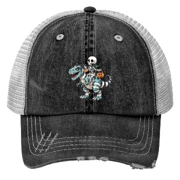 Discover Skeleton Riding Mummy Dinosaur Funny Halloween Trucker Hats