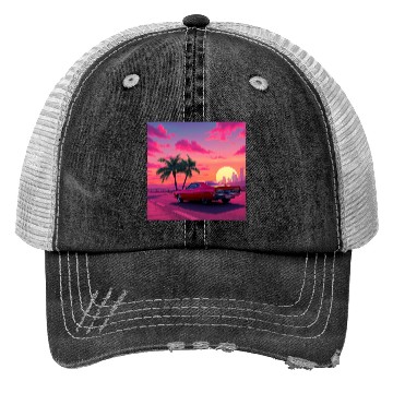 Discover Neon Drift Sunset on the Synthwave Highway Trucker Hats