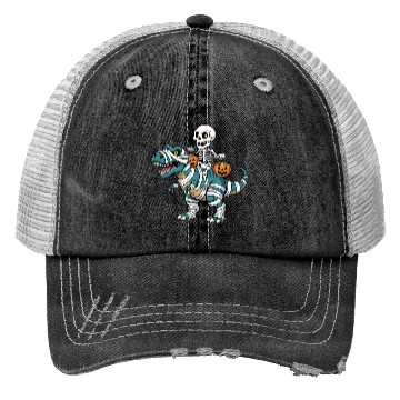 Discover Skeleton Riding Mummy Dinosaur Funny Halloween Trucker Hats