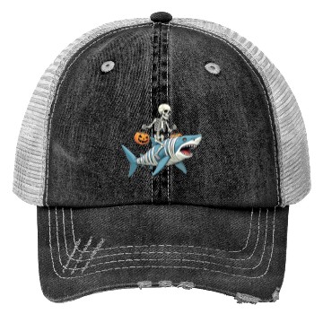 Discover Skeleton Riding Shark Mummy Funny Halloween Trucker Hats