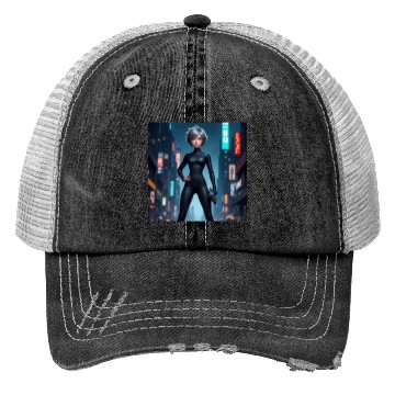 Discover Futuristic Cyberpunk Heroine Design Trucker Hats