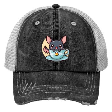 Discover Cute Bat in Tea Cup Illustration Trucker Hats