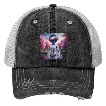 Discover Futuristic Robot in Cherry Blossom Paradise Trucker Hats