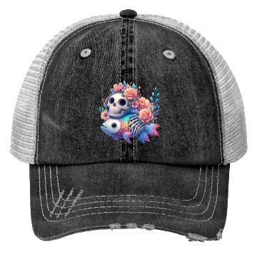 Discover Whimsical Skull and Fish Floral Fusion Trucker Hats