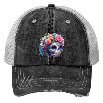 Discover Colorful Sugar Skull with Floral Crown Trucker Hats