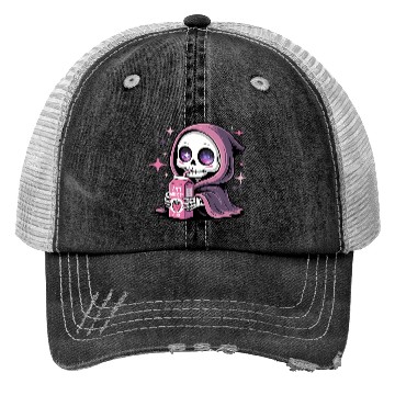 Discover Cosmic Skeleton Drinking Strawberry Juice Trucker Hats