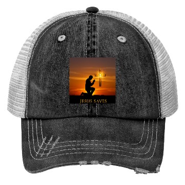 Discover Kneeling Prayer with Crowned Cross Scene Trucker Hats
