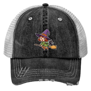 Discover Magical Witch and Cat Illustration Trucker Hats