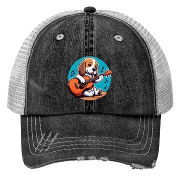 Discover Playful Puppy Guitar Illustration Trucker Hats