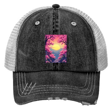 Discover Cherry Blossom Sunset Path Trucker Hats