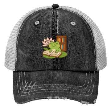 Discover Serene Frog Reading Book Under Lotus Trucker Hats