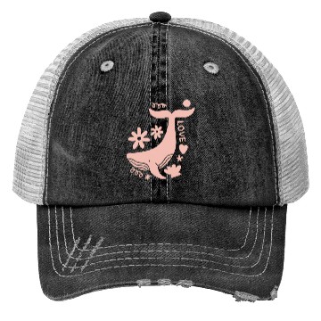Discover Whimsical Pink Whale with Floral Accents Trucker Hats