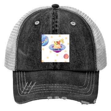Discover Whimsical Cat in Space with Star Balloons Trucker Hats