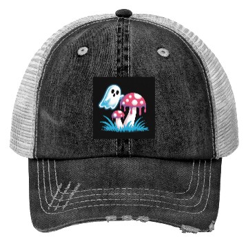 Discover Whimsical Ghost and Mushrooms Illustration Trucker Hats