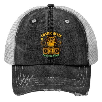 Discover Cosmic Beats Retro Owl Vintage Vibes Trucker Hats