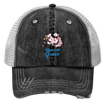 Discover Cherry Blossom Bloom with Grace Text Trucker Hats