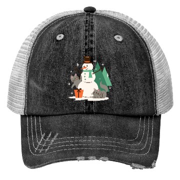 Discover Festive Snowman with Cats and Pine Trees Trucker Hats