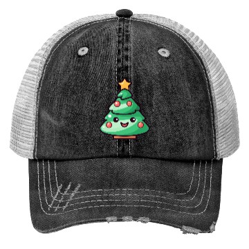 Discover Kawaii Christmas Tree Illustration Trucker Hats