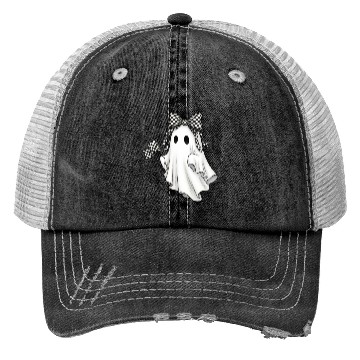 Discover Ghost Boo Checkered Bow Race Day Racing Flag Racer Trucker Hats