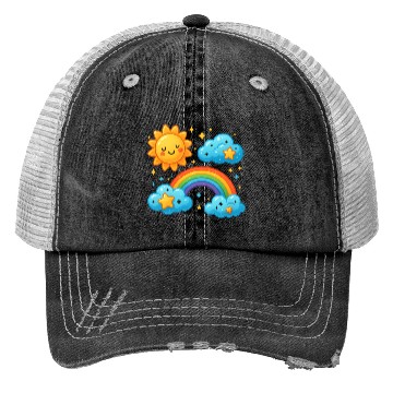 Discover Whimsical Sun and Rainbow Cloud Design Trucker Hats