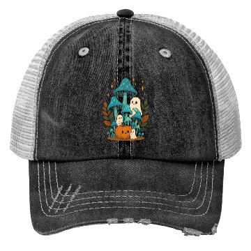 Discover Whimsical Ghost and Mushroom Halloween Scene Trucker Hats