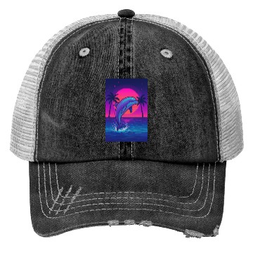 Discover Neon Dolphin Sunset Scene Trucker Hats
