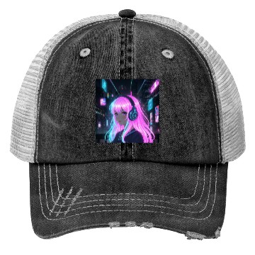Discover Neon Cyber Girl Illustration Trucker Hats
